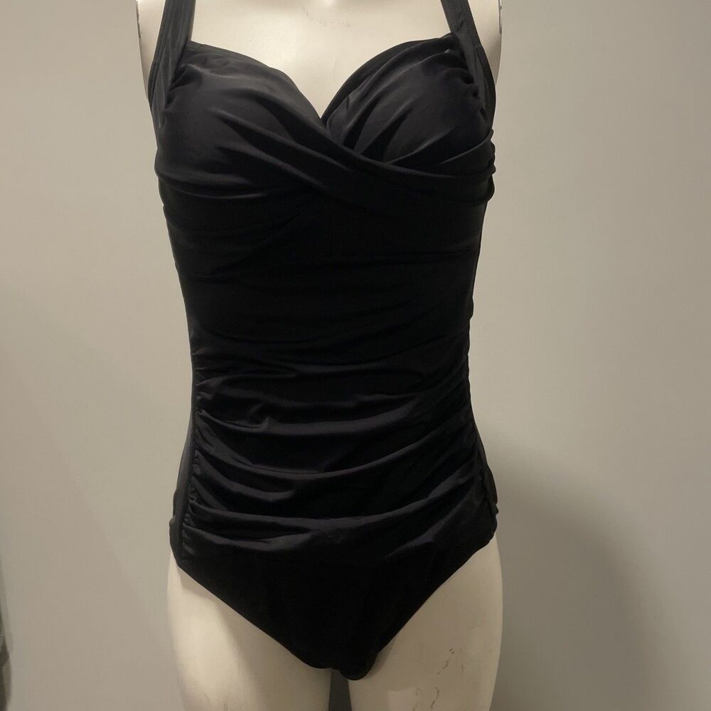 SWIMSUITS FOR ALL Black One Piece Ruched Twist Front Swimsuit Size 16 Padded Bra